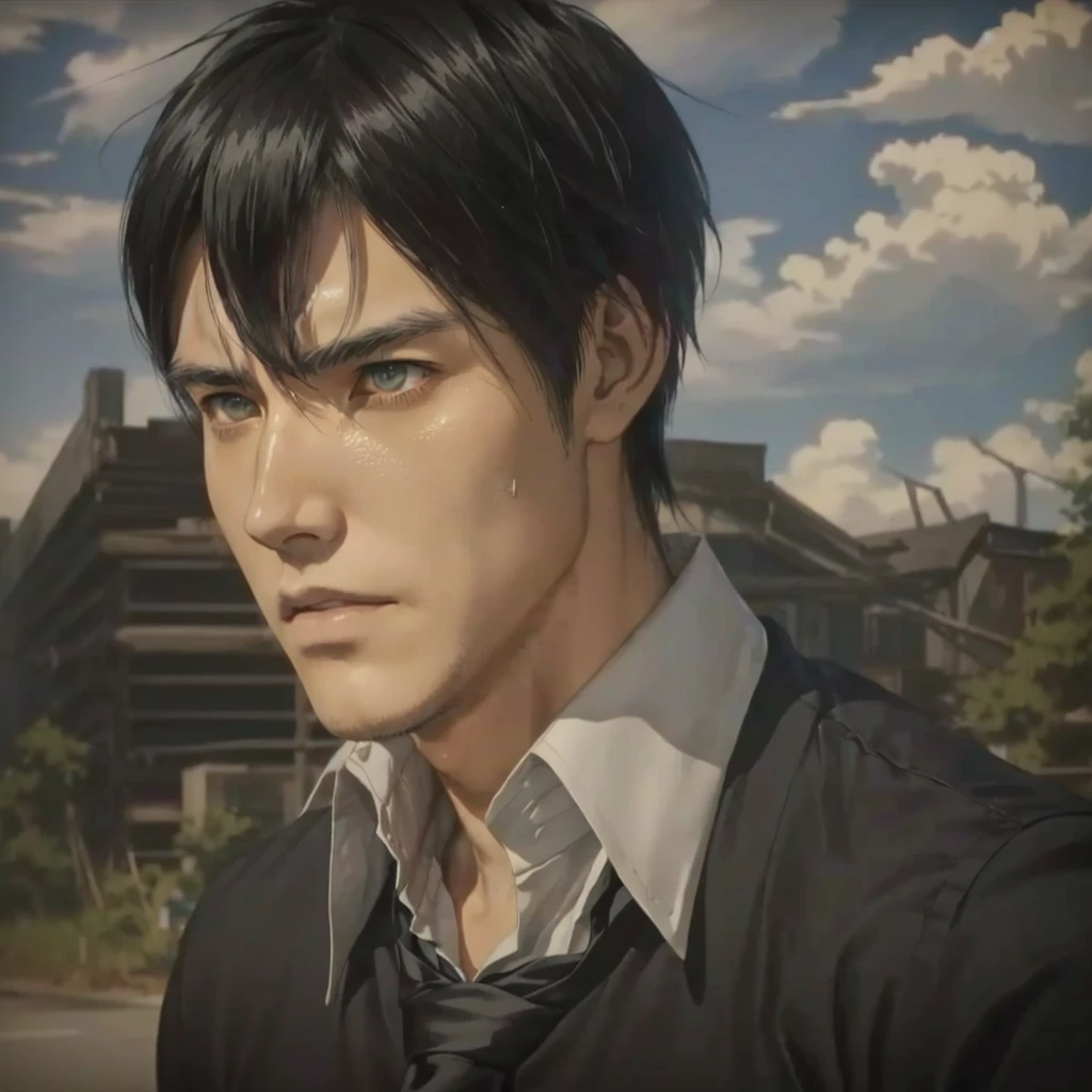 Close-up of a man in a black shirt and tie, Ellen Yeagerの肖像画, Attack on Titanより, Attack on Titan, Screenshots from the 2012 anime, In anime movies, (Attack on Titanアニメ), Hajime Isayama&#39;s style, From the TV anime, Today&#39;s featured anime is still, Ellen Yeager