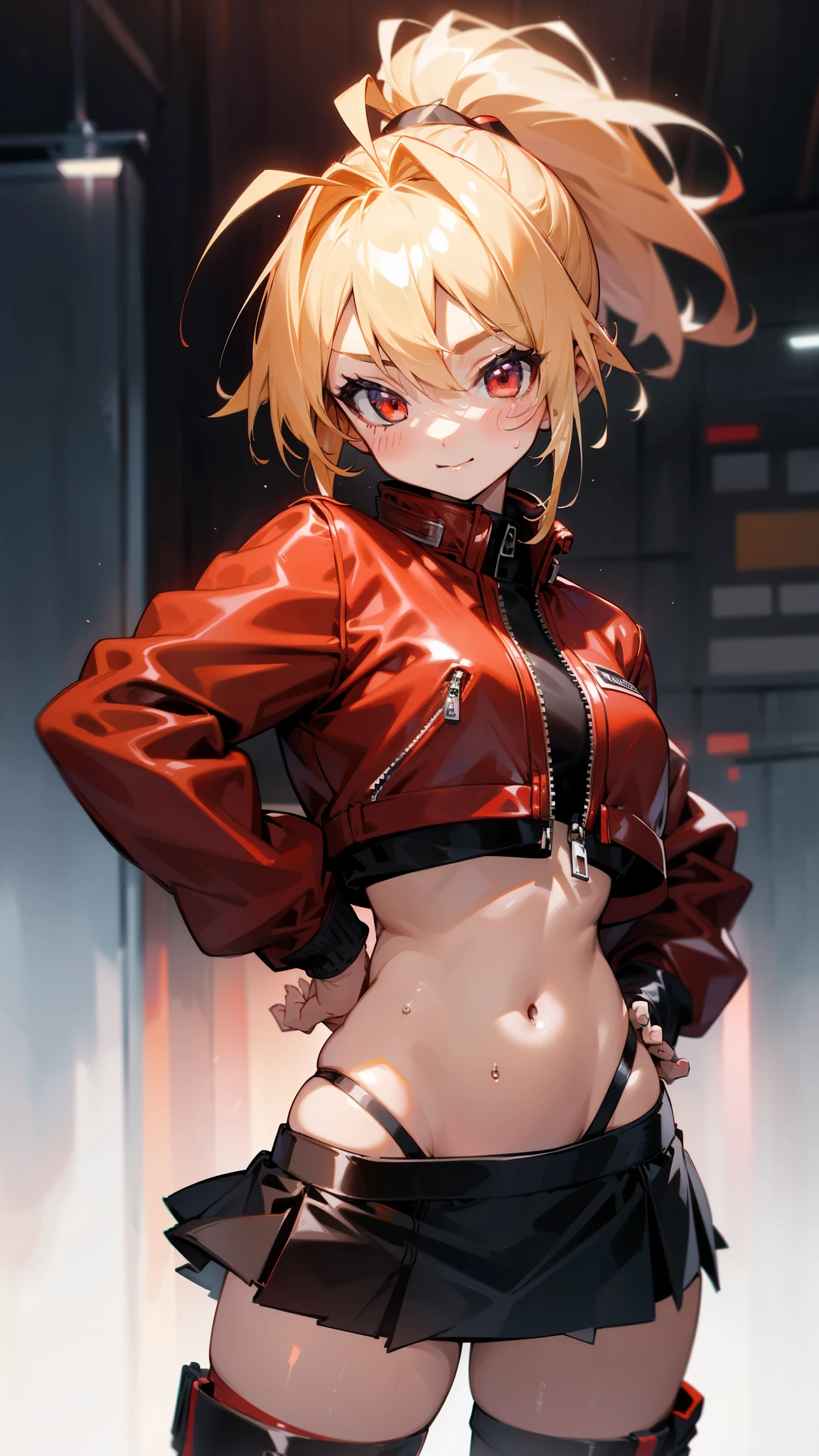 One Girl、solo、Shiny blonde hair、ponytail、Red eyes full of joy、Ahoge、Wearing a red leather jacket、Inside the jacket is wearing a black sports bikini、Black mini skirt、Black boots、Cowboy Shot