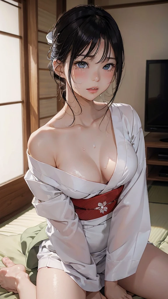 (masterpiece: 1.3), (Maximum resolution: 1.2), (Ultra High Definition TV: 1.2), Cinematic Light, 8k resolution, Detailed facial features , (Sharp focus: 1.2), (Focus on the face:1.2),Perfect Style, Beautiful Face, Acura, Anatomically correct, Highly detailed face and skin texture, Beautiful Eyes,Beautiful Eyes, Thin eyebrows, Natural Cheeks, Glowing Skin, Fair skin: 1.2, (Glossy Lips: 1.4),、 (Embarrassed look: 1.2),Highly detailed face and skin texture, Natural Cheeks, , Glossy Lips: 1.4,Perfect Style、Cleavage、Soft Breasts、(Semen on chest:1.4)(Cum on thighs 1.2)、 Drenched in sweat、blush、A humiliating look、Anxious expression、Frightened expression、Embarrassed look、anger、sorrow、tears、Open your knees、Spread your legs、 White underwear、Disheveled clothes、sweating、Thin underwear、29-year-old、 clear, A clean-cut woman,1 person、 Upward-facing chest, Japanese-style room、Late Night、Silver Hair、Green-gray eyes、Beautiful Eyes、(kimono:1.3)、Stripped clothes、masturbation behavior、On the futon、(仰向けで布団にLying down、Lying down、White sheets:1.7)coiffed hair、Short Hair、