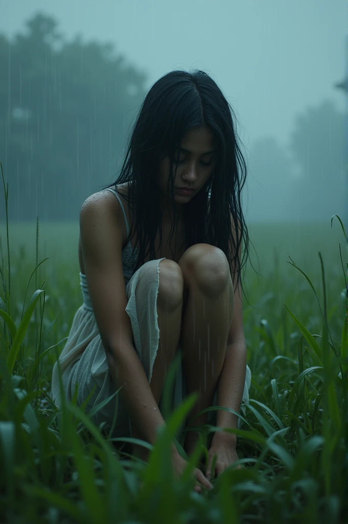 A sad indian girl in her twenties drenching in heavy rain sitting alone wearing a dress ...sitting in grass and thinking