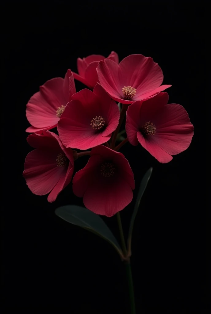 a very dark wine-colored hydrangea flower without green leaves and with a black background, just a flower with 5 petals
