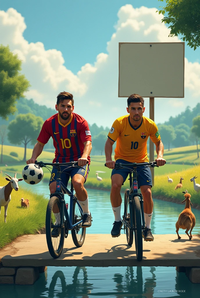 Lionel Messi and Cristiano Ronaldo riding bikes in a paradise full of goats, waters, etc. but it is noticeable that they are them but Ronaldo with the Real Madrid shirt but the water is a river and they are crossing a river and the goats on the field in the distance are seen with birds etc. but you can see how they have a save in one hand and in the other they are putting a sign on the road as if for advertising but they look in front of them, but the sign is something big and has nothing written on it and they are on a bridge is perfect but the numbers are the real ones of each one
