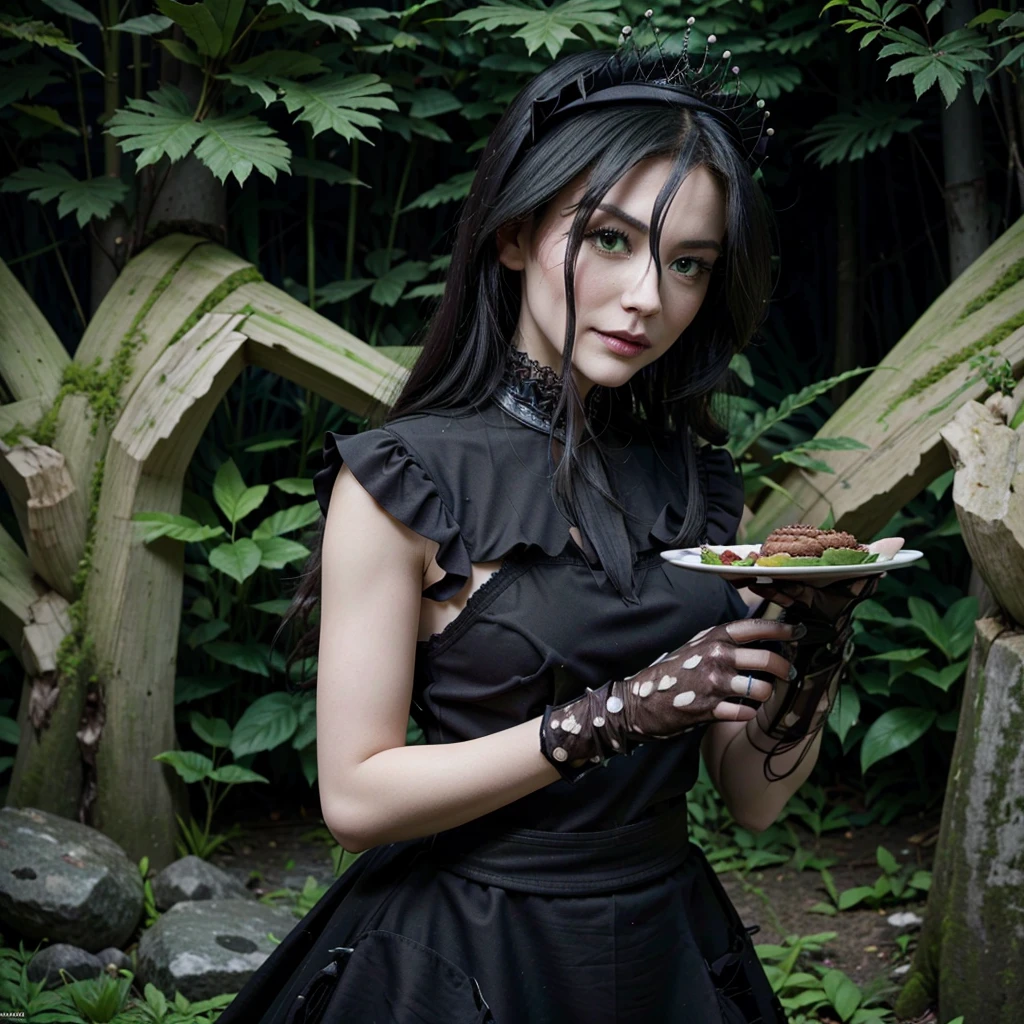 Wearing a black maid uniform in a garden holding a tray with food with white gloves in her hands. Queen chrysalis