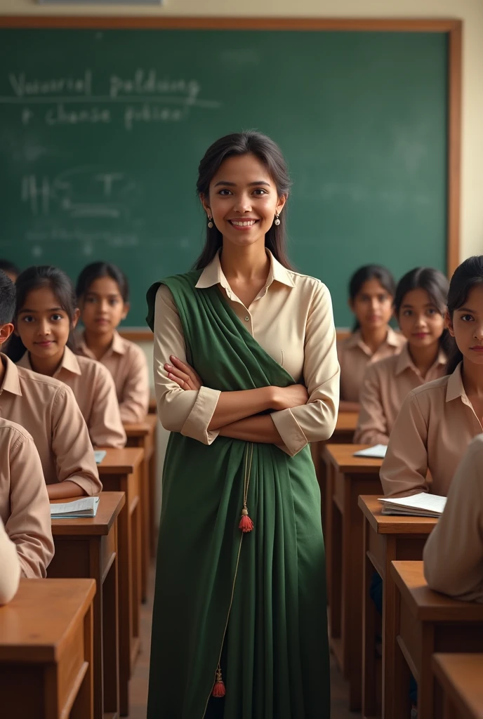 Only Female teacher with realistic face giving lecture in class in front of students of class about students in Bangladeshi attire with real face standing behind the board