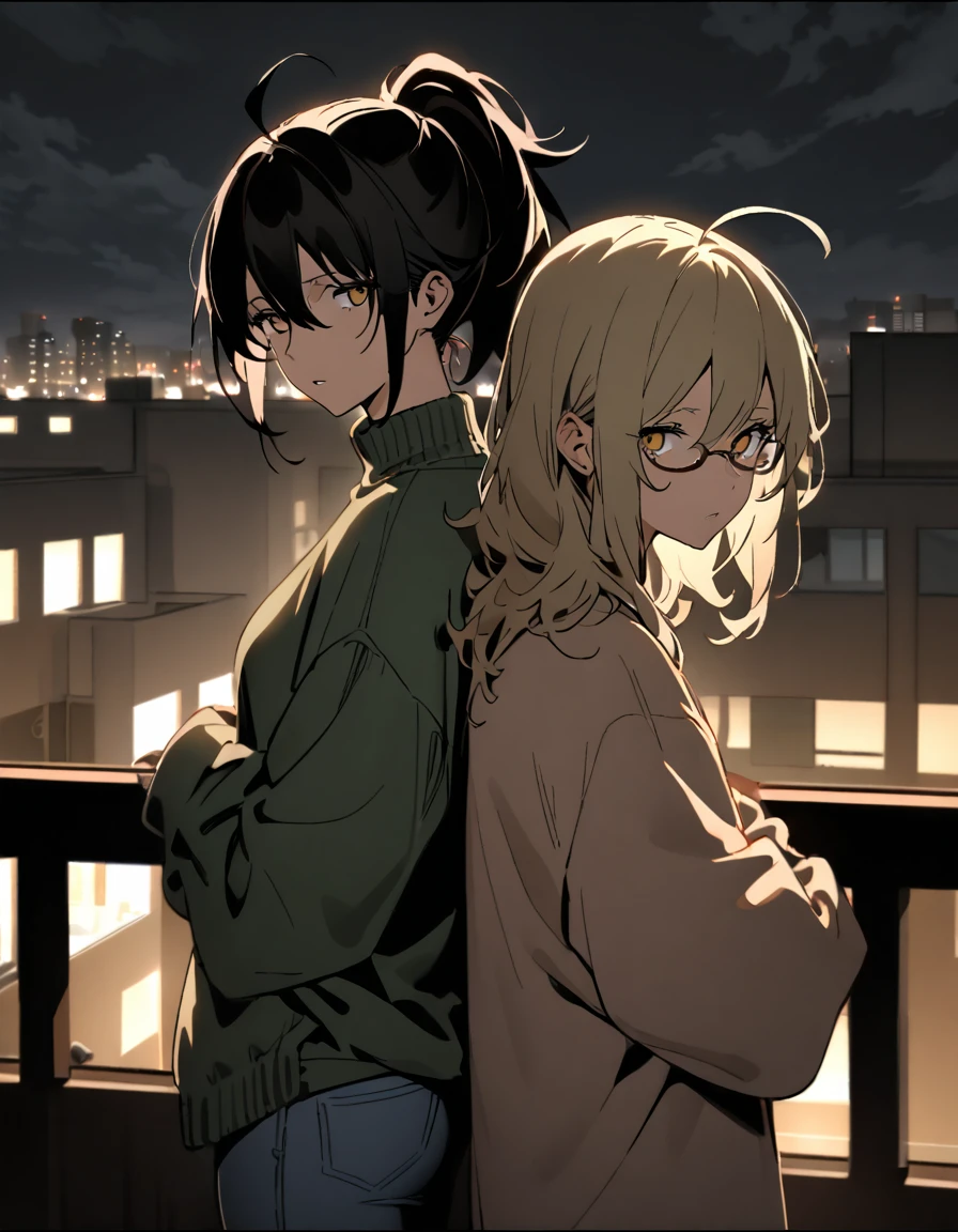 mature, golden eyes, looking at viewer, female, apartment background, messy hair, shoulder-length hair, ponytail, parted lips, hair between eyes, ahoge, emotionless, tired eyes, standing, from behind, jeans, turtleneck shirt, comfy clothes, glasses, night, cloudy, leaning on railing, bandage around head