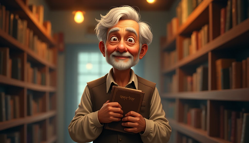 Create a thumbnail that captures the essence of a heartfelt, nostalgic story. The thumbnail should feature an elderly man with white hair and a gentle smile, holding an old book close to his chest. The background should be a cozy, small bookstore with warm lighting, filled with bookshelves. The title text "স্মৃতির পাতায় লুকানো ভালোবাসা" should be in elegant Bengali script, prominently displayed in the center. Use soft, warm colors to evoke a sense of nostalgia and deep emotional connection.