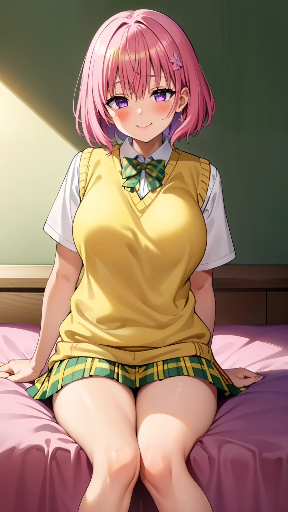8k,Highest,quality,(highest quality:1.1), (masterpiece:1.4), (Confused:1.0), 
1 girl, Momo Deviluke, hair ornaments, Bobcut, Short Hair Pink Hair, Purple eyes, skinny,Large Breasts, green skirt, Plaid, Plaid skirt, sainan high school uniform, skirt, Sweater vest, Knee socks, socks ,(Yellow Sweater:1.5), Short sleeve,((white bed)),((In her room)), (blush:1.2), smile,（Perfect Fingers）,mesugaki,