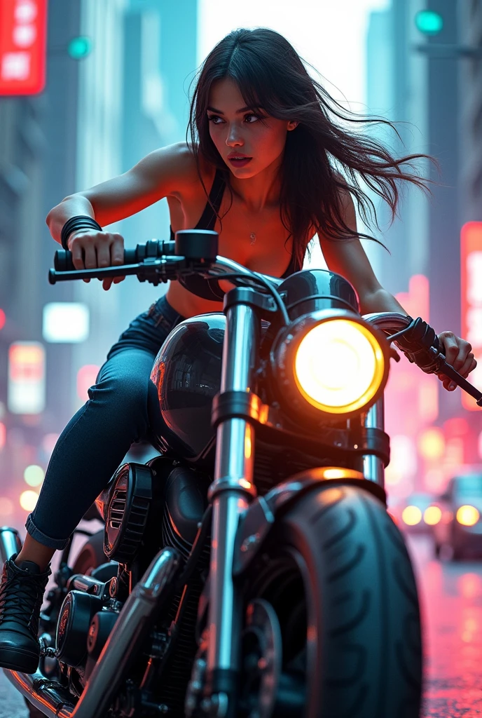 A naked girl confidently perches atop a motorbike, her lithe body bare and radiating freedom. Her skin glistens under the moonlit night, beads of sweat trickling down her body, adding to her allure. The engine roars beneath her, the sound echoing through the stillness of the night. Her hair flies behind her, untamed and wild, adding to the untamed spirit she exudes. The motorbike's headlights illuminate the scene, casting dramatic shadows that accentuate her curves. The exhaust pipes glow with a fiery light, adding to the ethereal quality of the image. This provocative image, taken from an artistic angle, captures the true