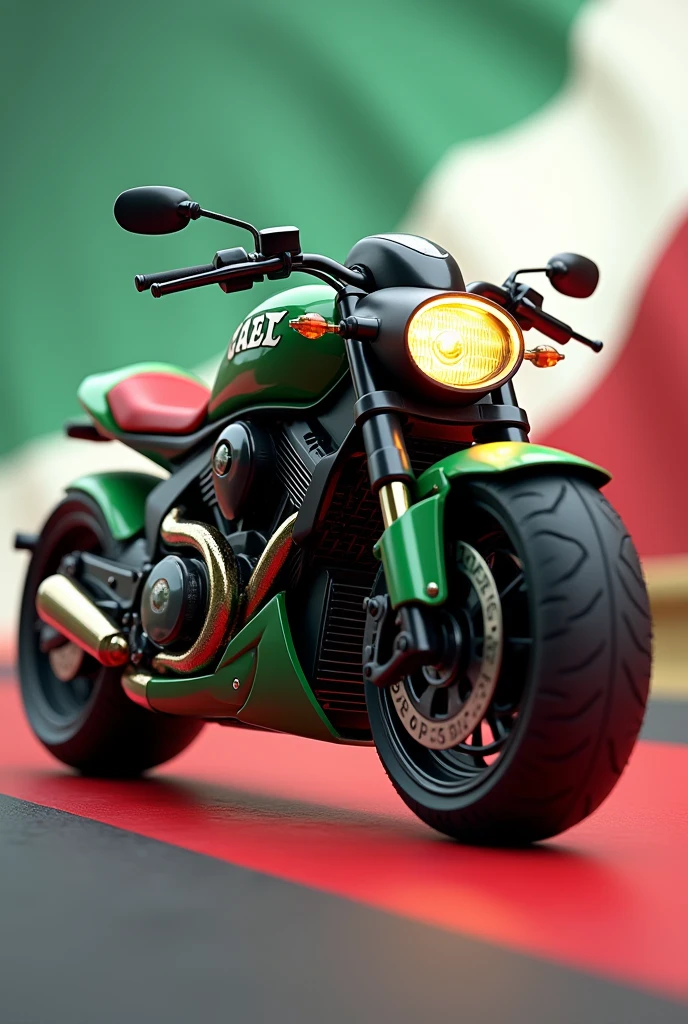 On a motorcycle animated with the colors of the Mexican flag having the word GAEL