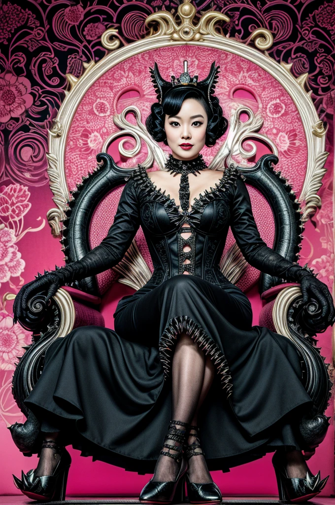 retro Japanese movie poster. background is rococo pattern style. full body portrait, wide angle shot, the creepy Queen Catwoman wearing black gothic dress, spikey kinky high heels, sitting on a plush ornate evil royal throne with twisting gothic style, pink and black color pallet 