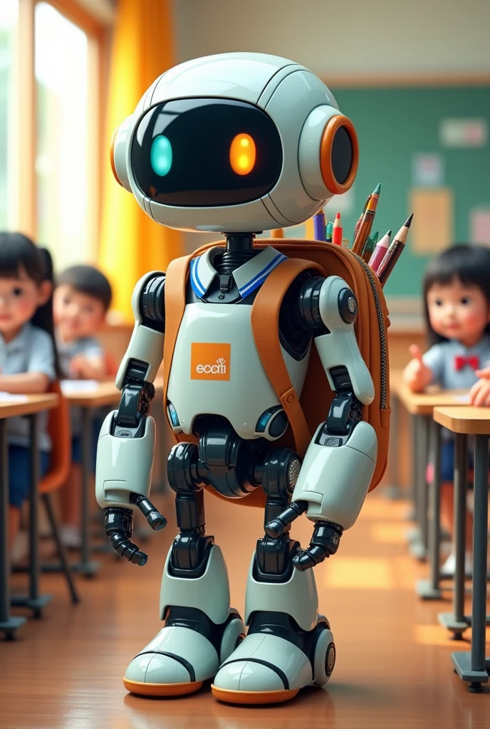 A cute school uniformed robot that organizes and distributes art supplies for students in a classroom with all the basic robotic parts and art supplies as its backpack
