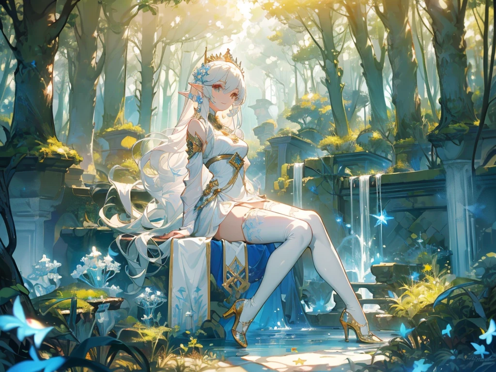 ((masterpiece, best quality)),Elf,Royal sister,forest,Sea of trees,Pure white background,Detailed face,Smile,whole body,Perfect body proportions,Glowing milky white eyes,sexly,Lush foliage and warm sunshine,Tattoo,extremely beautiful,transparent,High heel,Fishnet stockings,Star decoration,