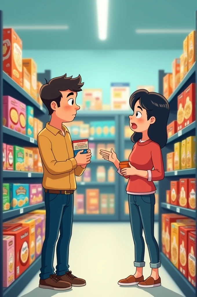 it is: Image idea**: at the supermarket, A person stands in front of two shelves full of similar products. (like various brands of cereals). The person has a thoughtful expression, holding a product in one hand and looking at the options on the other shelf. at your side, There is another person (It can be a seller or a friend) insisting that you buy a specific product, gesturing and pointing at him.  But the drawing must be animated 