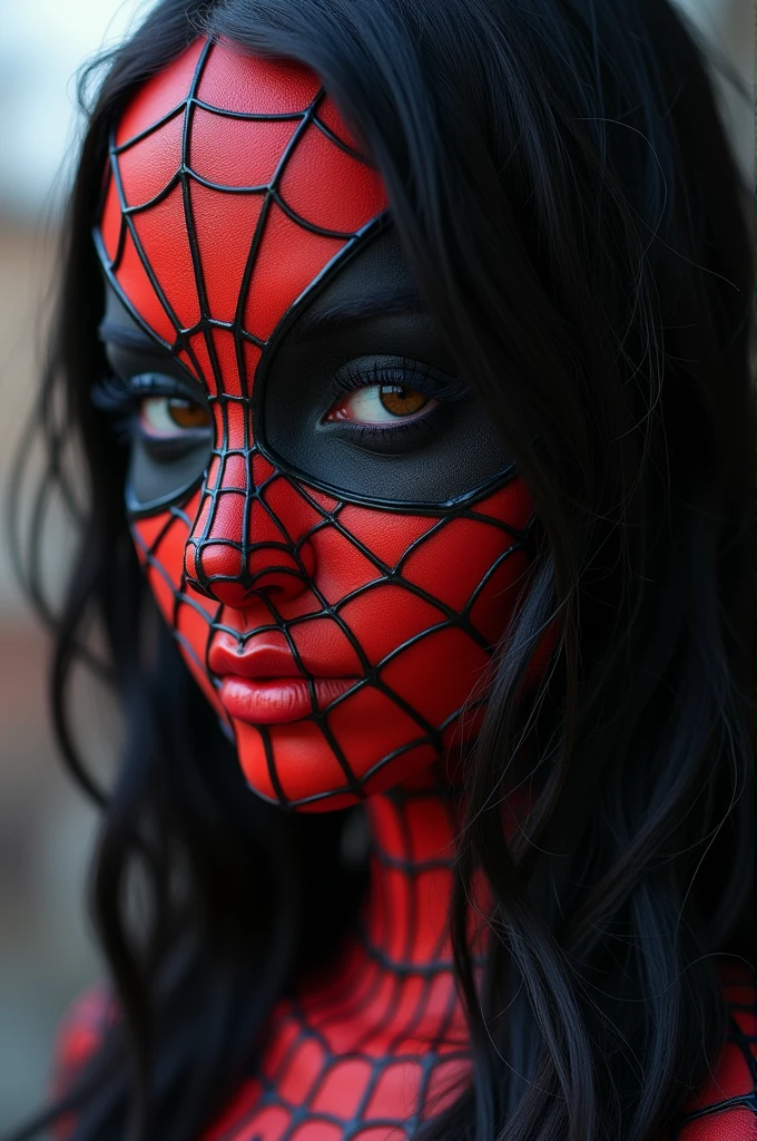 ((best quality)), ((masterpiece)), no face
Spider man mask women black hairs close up human body no details on face
