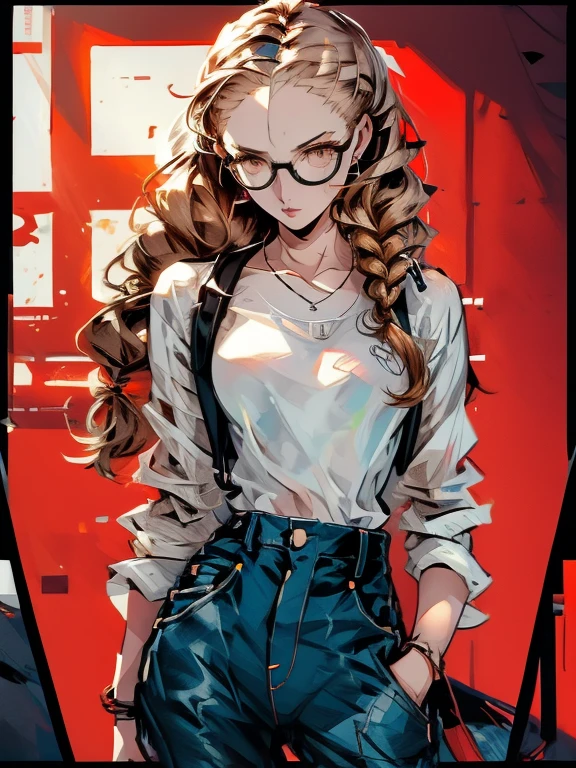 ((chibi)), big head, focus face, in the art style of persona5, (masterpiece:1.2, highest quality), (Realistic, photoRealistic:1.4), Beautiful illustrations, (Natural Side Lighting, Cinema Lighting), Written boundary depth, Beautiful thighs staring at the viewer, 1 female, 20-year-old, alone, thin, slender, (small breasts), long Hair, curly Hair, ((single braid)), Forehead, Forehead, Forehead, Forehead, thin, slender, glasses, ((white shirt, Distressed denim pants, low rise baggy pants)), Are standing, (((glasses)))