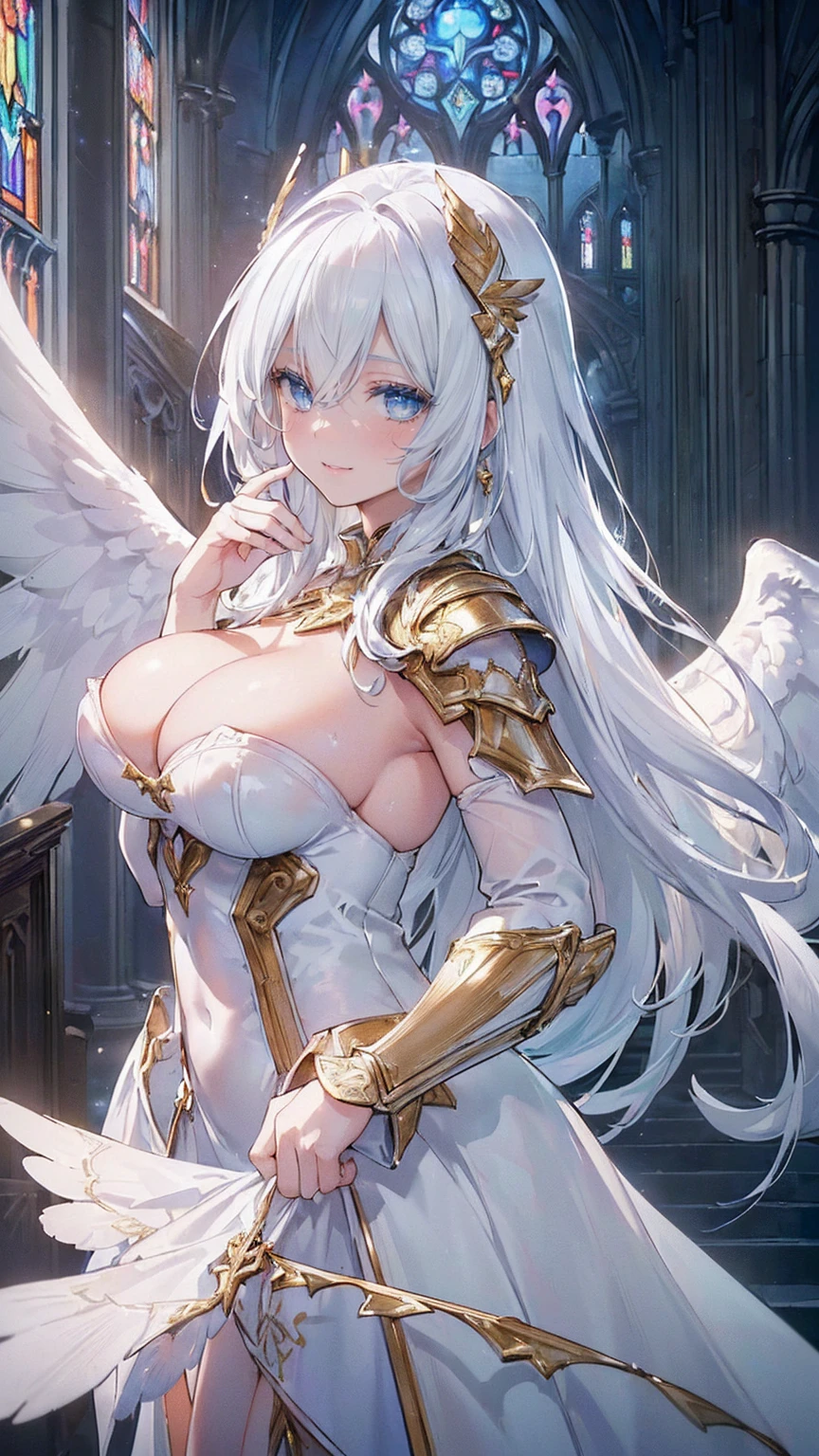 (((Masterpiece))), (((Highest quality))), ((Ultra-detailed)), ((Super fine illustration)), ((Ultra-fine painting)), ((16K highest quality wallpaper:1.4), (Upper body:1.6), HDR, Highly detailed and delicate illustration style:1.8, Detailed skin texture, Detailed cloth texture, Extreme detailed description, (Highly detailed face:1.4), (Highly detailed beautiful hair:1.2), (Highly delicate beautiful and clear blue eyes:1.2), (Highly detailed Large-Pure-white-wings:1.2), Original, Raw photo, Professional, Intricate details, Super details, Iridescent light:1.4, Perfect anatomy:1.4, Highly detailed hands, Highly detailed fingers, Highly detailed fingertips, (Sexy), (Sexy), (27-years-old), (Solo:1.8), (Beautiful Woman model Wearing Angel Blessing with Large Pure White Wings:1.4)) BRAKE ((Beautiful and well-shaped big breasts:1.2), (Very detailed and delicate beautiful shiny White hair that shines in rainbow-colors, colorful-hair:1.2), (Highly detailed and delicate White hair:1.2), (Beautiful and Clear Blue eyes that shine with great detail and delicate:1.2), (Highly detailed and delicate Blue eyes:1.2), (Large-Pure-white-symmetrical-wings:1.4), Beautiful and well-shaped buttocks, (Highly detailed face:1.4), (Smile:1.4), (Blush:1.3), (Looking at viewer:1.4), (Dynamic pose:1.2), (Celebration:1.4)) BRAKE ((A divine and extremely beautiful and intricate cleavage mechanical armor dress:1.4)) BRAKE ((Descending the marble stairs leading to the cathedral at midnight:1.2), (The cathedral shining magically in the moonlight:1.2), (In the cathedral Stained glass that shines beautifully in the moonlight:1.2)) BRAKE (Concept-Art), (Detailed science fantasy art), (Cyber-punk) BRAKE (Highly detailed and delicate background:1.2) BRAKE (NSFW) BRAKE