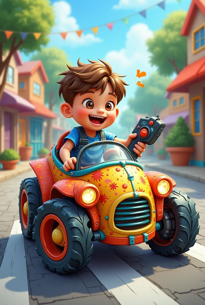 Create an original colored pencil drawing, Fun and unique little car driven by manual remote control by a very happy little boy with brown hair and brown eyes
