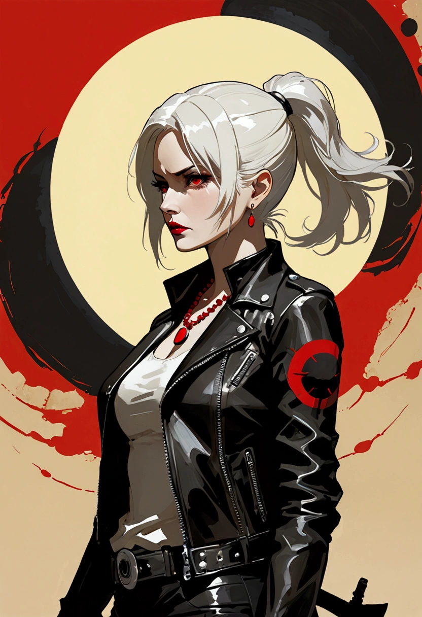 masterpiece, (best quality:1.2),(Ashley Wood Style:1.2),(Nick Vicesi Style:0.6), (Clear focus:1.2),Mature female,White hair,Ponytail, Black Gothic Leather Jacket, Red necklace, stocking, Death Stare, Solar eclipse background, Simple golden background