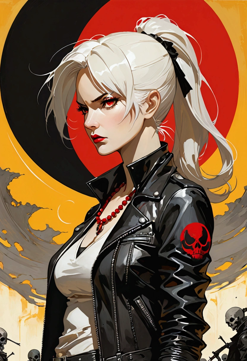 masterpiece, (best quality:1.2),(Ashley Wood Style:1.2),(Nick Vicesi Style:0.6), (Clear focus:1.2),Mature female,White hair,Ponytail, Black Gothic Leather Jacket, Red necklace, stocking, Death Stare, Solar eclipse background, Simple golden background