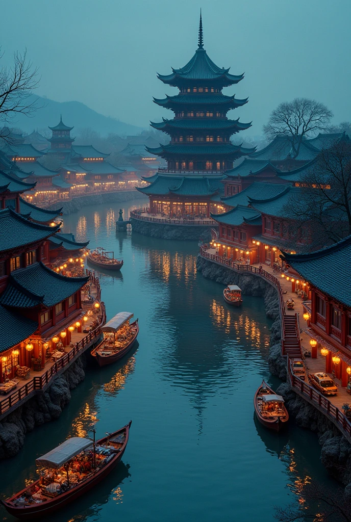 busy asian shops japanese chinese style with a winding river canal like venice curved in s shape, in the middle focal point big rounded pagoda in an island surrounded by the river epic scale,background is castle, night time,boats selling things