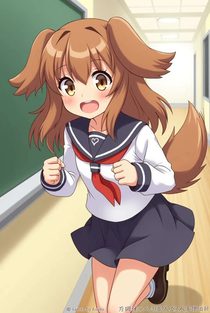 she has brown hair、Comes with dog ears and a tail。The eye color is also brown、It looks like a dog。With a grin、Wagging tail。In uniform、The background is school、About 