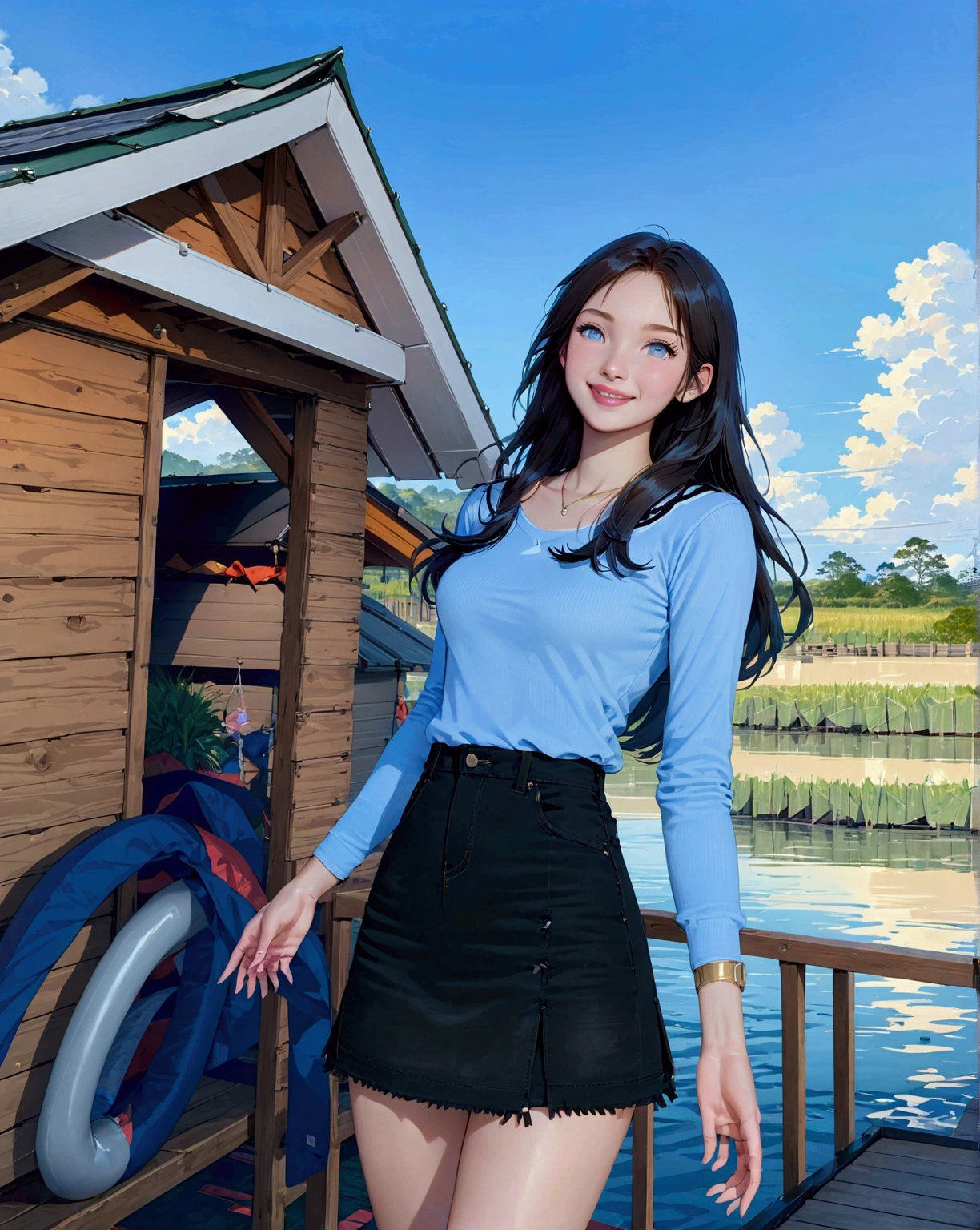 realistic anime illustration of adorable age girl at floating raft house on river, she has a long hair and forehead, she wearing pastel blue long sleeve t-shirt, black denim pencil skirt, (1girl, solo, full body), (masterpiece, best quality, japanese anime style), (expressive eyes, perfect face)