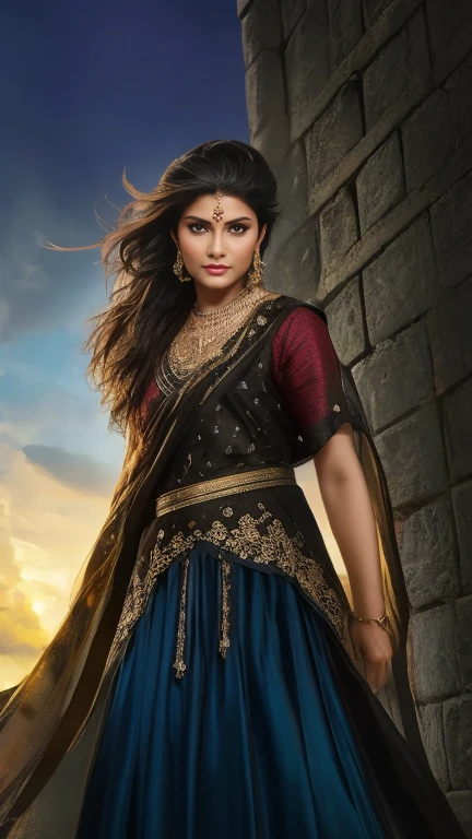Visualize Razia Sultana, a determined and fierce woman, standing at the gates of a grand fortress. A stormy sky above her mirrors the turmoil in her life as she faces challenges and obstacles on her path to rule the Islamic empire in India. Lightning flashes, emphasizing the turbulent nature of her ascent.