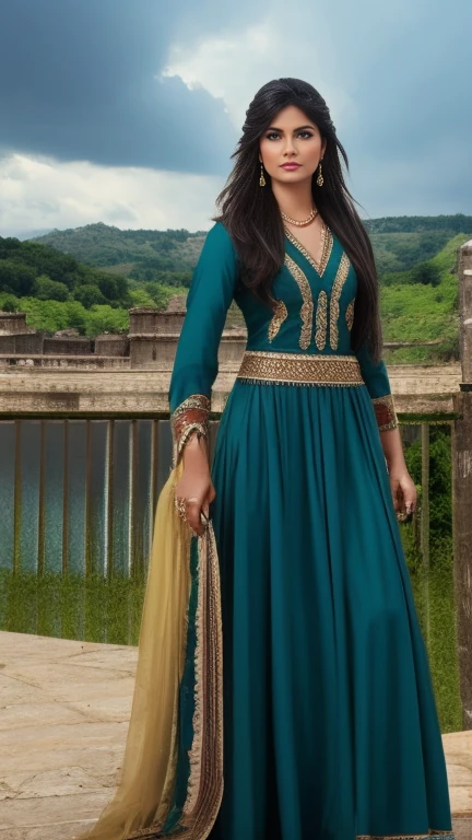 Visualize Razia Sultana, a determined and fierce woman, standing at the gates of a grand fortress. A stormy sky above her mirrors the turmoil in her life as she faces challenges and obstacles on her path to rule the Islamic empire in India. Lightning flashes, emphasizing the turbulent nature of her ascent.