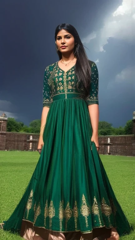 Visualize Razia Sultana, a determined and fierce woman, standing at the gates of a grand fortress. A stormy sky above her mirrors the turmoil in her life as she faces challenges and obstacles on her path to rule the Islamic empire in India. Lightning flashes, emphasizing the turbulent nature of her ascent.