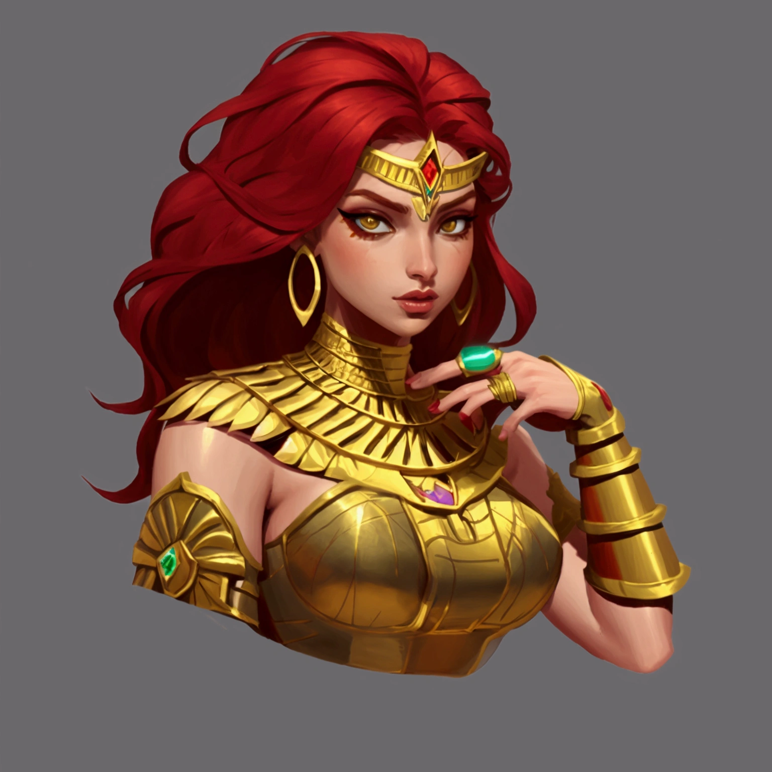 concept art, European and American comics, game character design, young woman, Egyptian costume, red hair, Ring earrings, Arm guard,