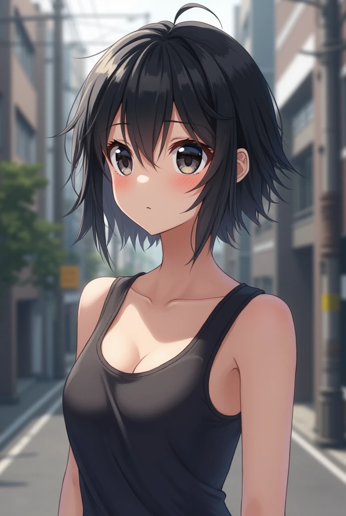 Japanese women,big eyes,black hair,short hair,thin waist,HD,sleeveless vest,E cup,street