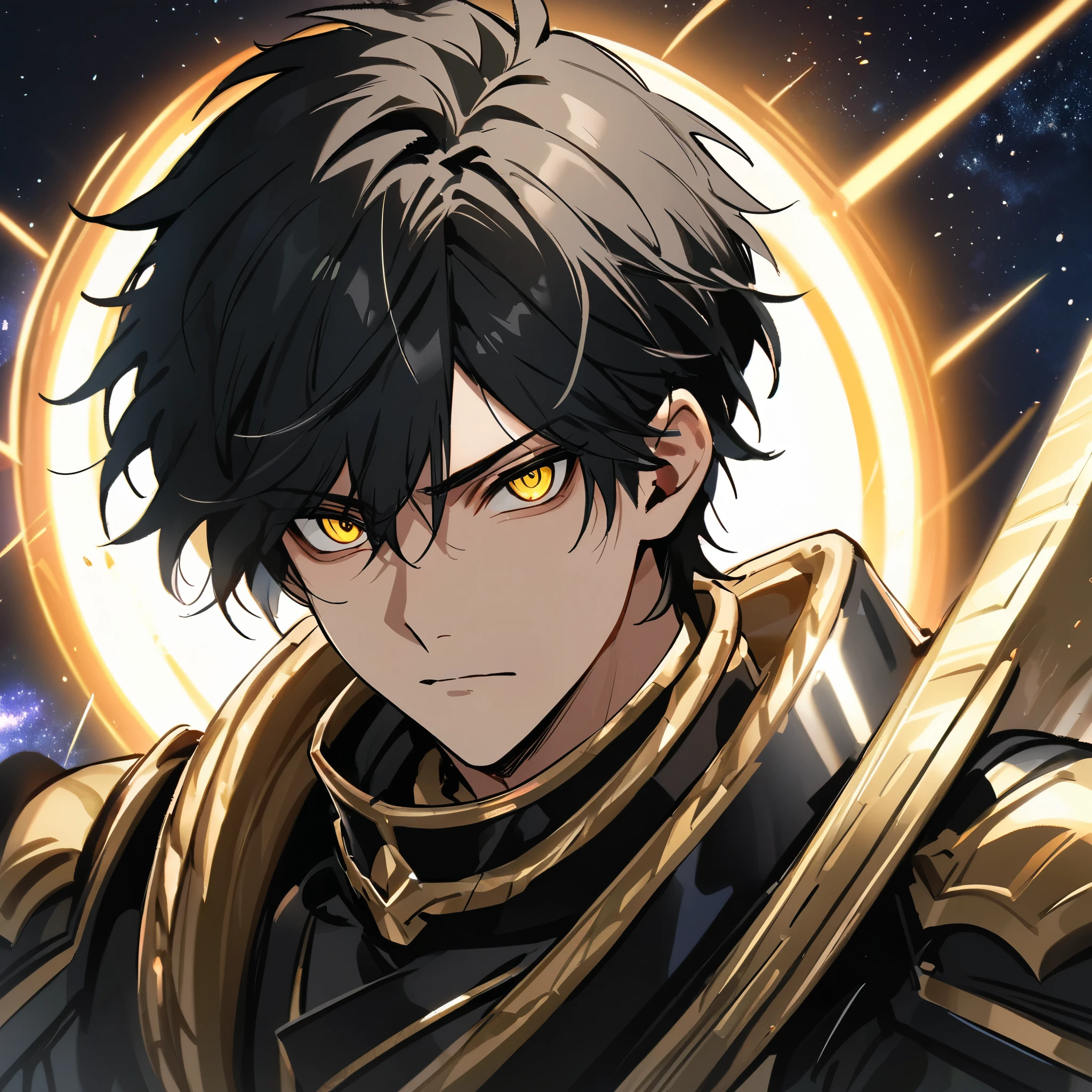 High quality, HD, 4k, no shadows, handsome male, handsome, 1male, 18 years old, 18yo, short black hair, dark hair, black hair, jet black hair, sharp eyes, deep golden colored eyes, dark gold colored eyes, deep gold eyes, gold eyes, devil may cry, close up, calm expression, stoic expression, black leather clothes, white leather clothing, lean and muscular body, well trained body, upper body, looking at viewer, cowboy shot, white solar, space background