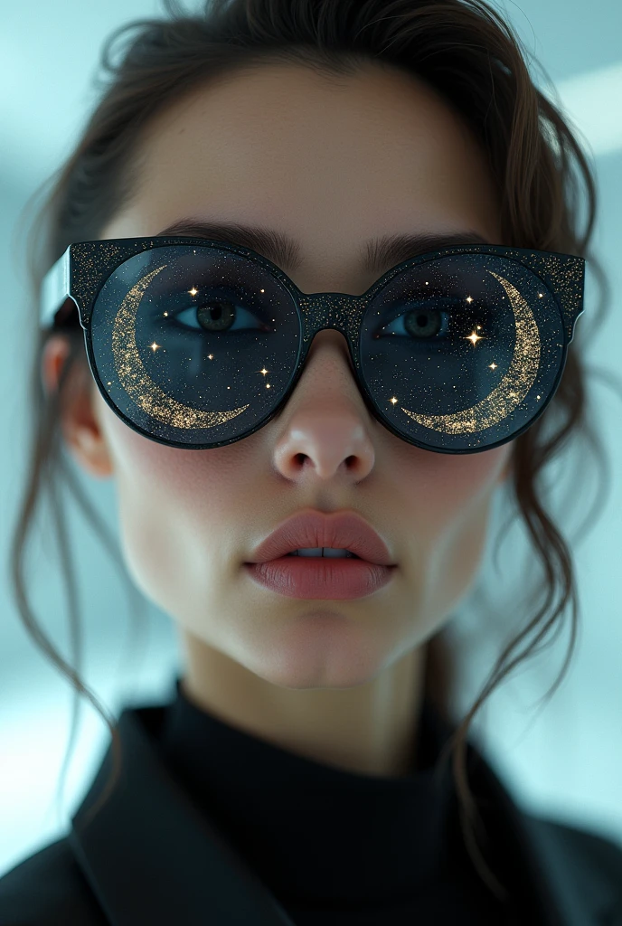 The model is wearing glass sunglasses with stars and the moon on the glass