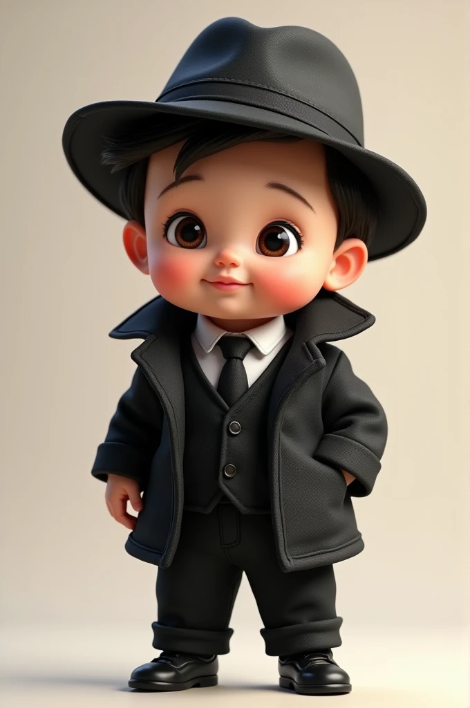 Create a cute baby jasoos 07 were black suit and black hat
