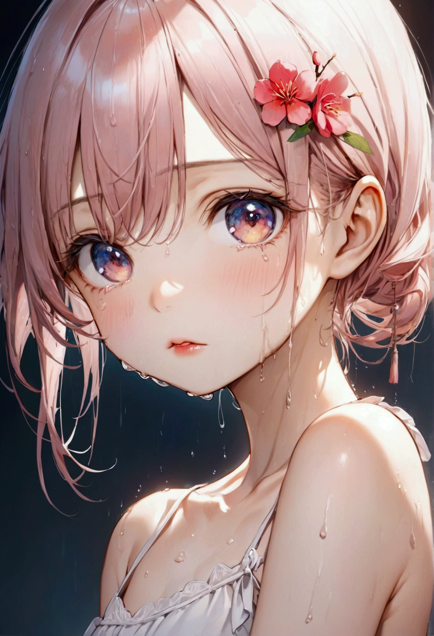 (from side), small breasts, sideboob, (flat chest), (drooling), (wet), (expressionless), (tears), looking_at_viewer, fashion trendy beautiful beautiful beautiful girl, gentle and attractive Chinese beautiful girl, 10 years oldnd sexy collarbone, Attractive oval face, double eyelids, smart peach blossom eyes, pink lips, small nose, bare shoulders, focus on the face, chest close-up, ultra high definition, super detail, fresh and impressive