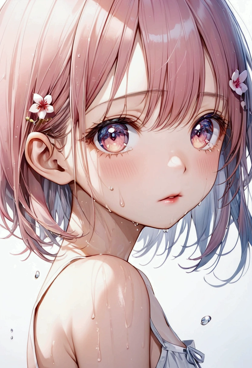 (from side), small breasts, sideboob, (flat chest), (drooling), (wet), (expressionless), (tears), looking_at_viewer, fashion trendy beautiful beautiful beautiful girl, gentle and attractive Chinese beautiful girl, 10 years oldnd sexy collarbone, Attractive oval face, double eyelids, smart peach blossom eyes, pink lips, small nose, bare shoulders, focus on the face, chest close-up, ultra high definition, super detail, fresh and impressive