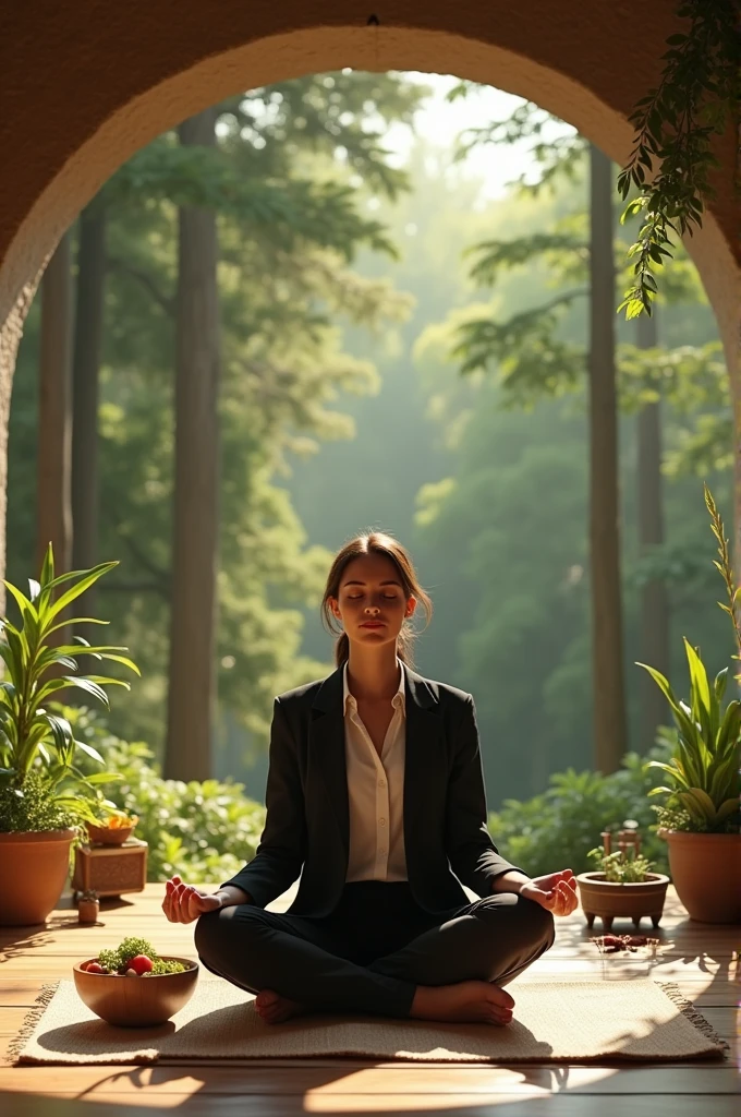 Create me a visual image where I am also a lawyer ,living a satvic lifestyle, eating stavic food, practicing yoga, in a eco friendly earthly house surrounded by trees