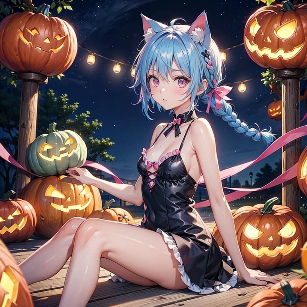 (Sky blue hair),(Braided short hair), (Pink Eyes),Fair skin) ,(whole body),(One Girl),(There are lots of pumpkin ghosts in the background),Cat ear,Cat's Tail,(Sailor suit),(Bruises and ugly faces),(Fall into Darkness),If you don't give me sweets, I'll play a prank on you.),(Halloween Night Party),(masterpiece, Highest quality, Very detailed, Best Shadow), (Detailed Background), (Beautifully detailed face), High Contrast, (Best lighting, Very delicate and beautiful), ((Cinematic Light)), Hyper Detail,8k, Dramatic Light, Intricate details,night,(Bats flying in the background),High quality