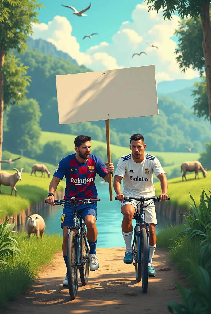 Lionel Messi and Cristiano Ronaldo riding bikes in a paradise full of goats, waters, etc. but it is noticeable that it is them but Ronaldo with the Real Madrid shirt but the water is a river and they are crossing a river and the goats in the field from afar are seen with birds etc. but it is seen how they have a save in one hand and in the other they are putting a sign on the road as if for advertising but they look in front of them but the sign is something big and has nothing written on it and they are on a bridge