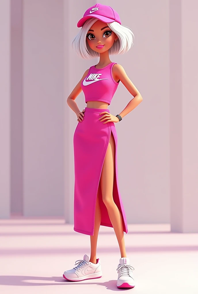 Cartoon Barbie with short white hair and brown eyes dressed in a pink calf-length dress with a slit on one side of the leg and the Nike logo on one side ,with pink nike cap , WHITE TENNIS