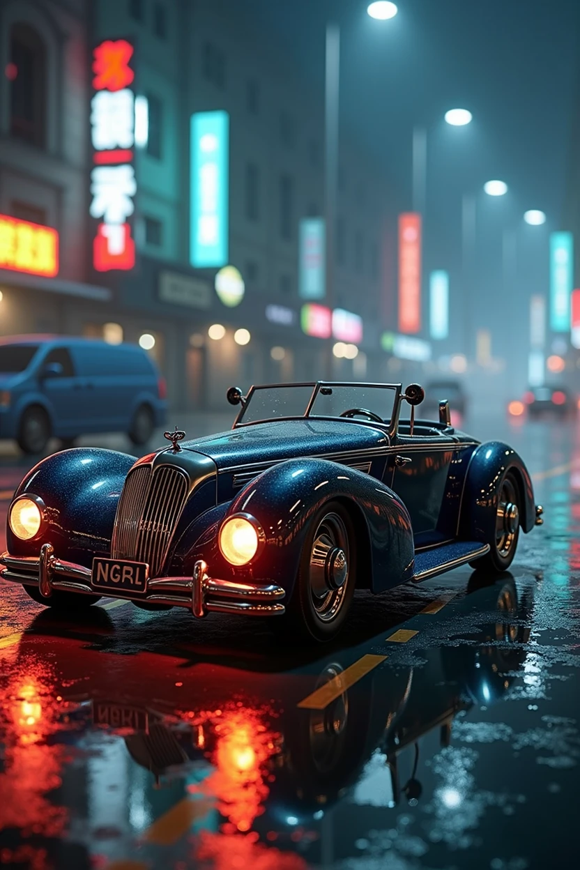 a classic vintage antique old car, futuristic cyberpunk style, intricate detailed design, chrome metal parts, glowing neon lights, floating elements, dynamic composition, cinematic lighting, moody atmosphere, vibrant colors, photorealistic, 8k, best quality, masterpiece