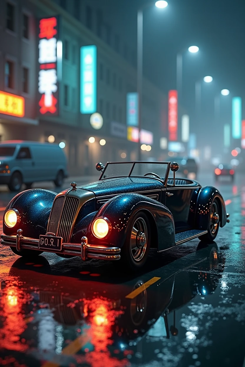 a classic vintage antique old car, futuristic cyberpunk style, intricate detailed design, chrome metal parts, glowing neon lights, floating elements, dynamic composition, cinematic lighting, moody atmosphere, vibrant colors, photorealistic, 8k, best quality, masterpiece