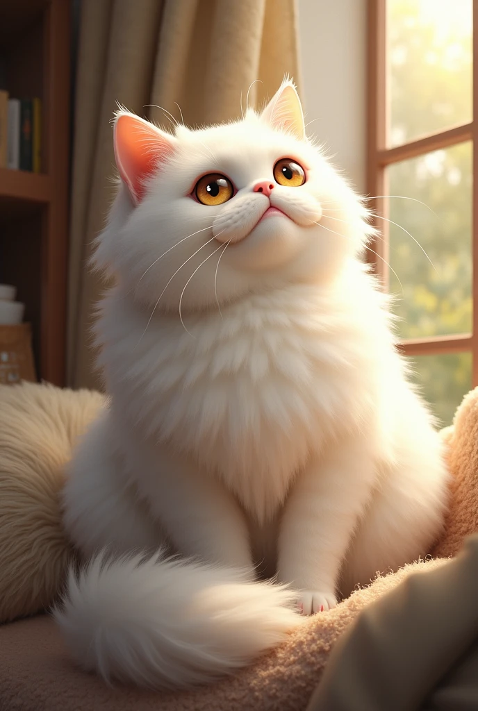 A fat, long-haired white cat with a lot of life experience
