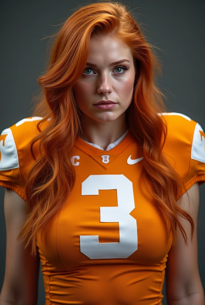 A photo of Annabelle Stewart, a kicker for the female Tennessee Volunteers football team. Number 3. Busty Redhead