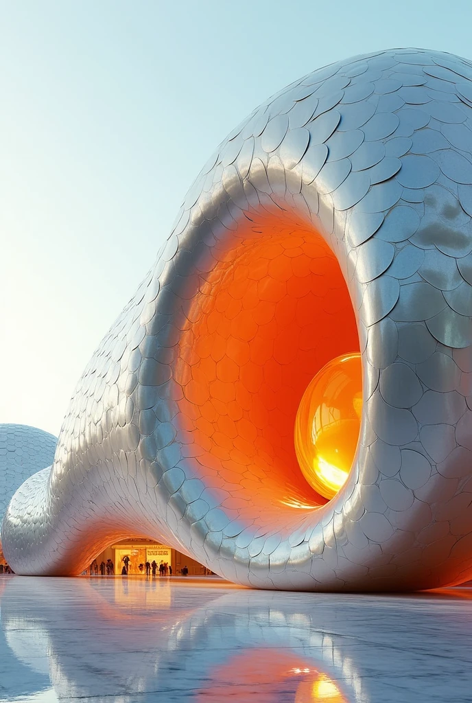 A pearls building with oyster on it with bright orange colour, future architecture generation