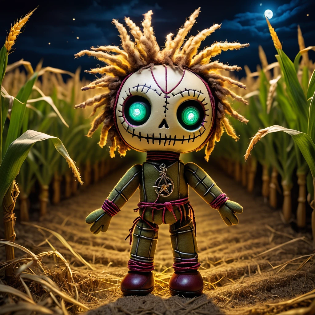 (knitted toy voodoo doll:1.7)
(Voodoo in a cornfield from "Signs":1.5)
(Clothing: tattered farmer attire with glowing crop circle patterns:1.0)
(Accessories: miniature floating crop circles, tiny glowing alien figures, small enchanted flashlights:1.2)
(background: eerie, moonlit cornfield with flickering lights and ominous shadows:1.2), best quality, masterpiece, detailed soft oil painting, detailed background, dramatic cinematic lighting, soft edge lighting, professional, dramatic lighting, hard edge lighting, ultra quality, 4k,masterpiece, best quality, 8k, ultra highres, highres, extremely detailed