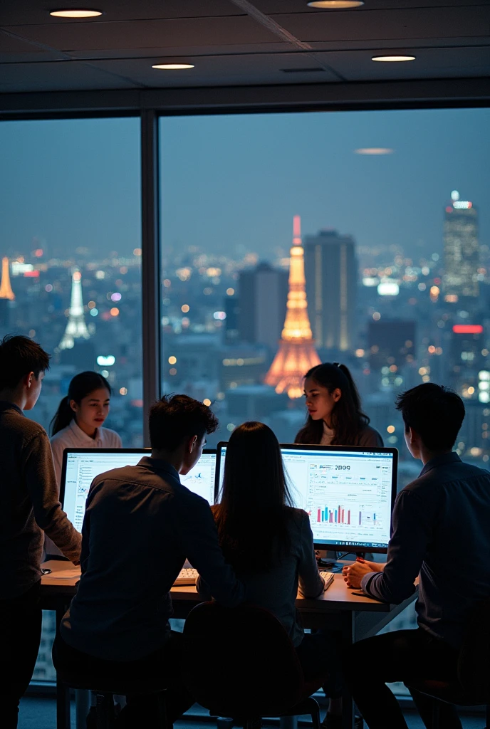 People analyzing the market, with graphs on a blackboard, more than 5 people, 3 women and 2 men, in an office with a view of Tokyo in December with the Christmas lights.