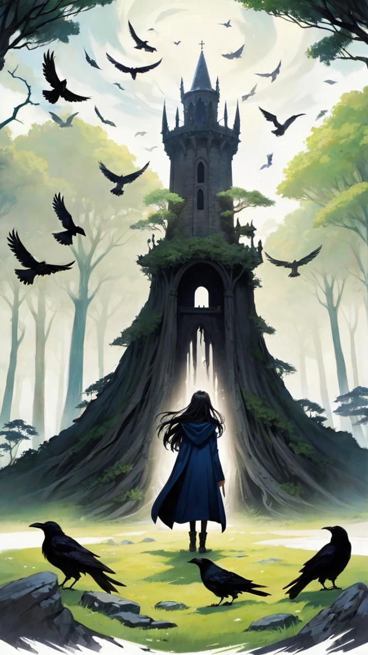 In the center, a -yeld giwith long dark hair, wearing an embroidered cloak, stands in an enchanted forest, surrounded by crows that fly in and out of a cave in the background.