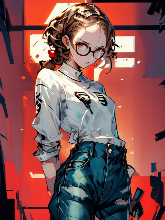 ((chibi)), big head, focus face, in the art style of persona5, (masterpiece:1.2, highest quality), (Realistic, photoRealistic:1.4), Beautiful illustrations, (Natural Side Lighting, Cinema Lighting), Written boundary depth, Beautiful thighs staring at the viewer, 1 female, 20-year-old, alone, thin, slender, (huge breasts), short Hair, straight Hair, Forehead, Forehead, Forehead, Forehead, thin, slender, glasses, ((white shirt, Distressed denim pants, low rise baggy pants)), Are standing, (((glasses))), ((Close-up)), ((Close-up)), ((Close-up))