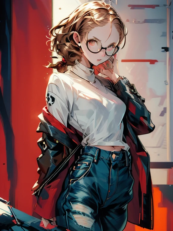 ((chibi)), big head, focus face, in the art style of persona5, (masterpiece:1.2, highest quality), (Realistic, photoRealistic:1.4), Beautiful illustrations, (Natural Side Lighting, Cinema Lighting), Written boundary depth, Beautiful thighs staring at the viewer, 1 female, 20-year-old, alone, thin, slender, (small breasts), short Hair, curly Hair, ((single braid)), Forehead, Forehead, Forehead, Forehead, thin, slender, glasses, ((white shirt, Distressed denim pants, low rise baggy pants)), Are standing, (((glasses)))